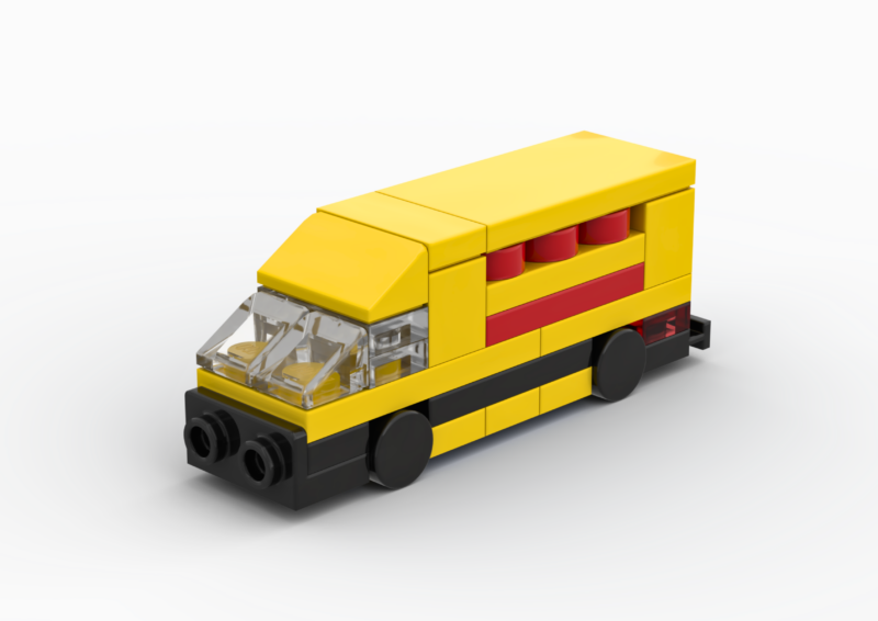 3D rendered image of the LEGO Micro DHL Delivery Van MOC.