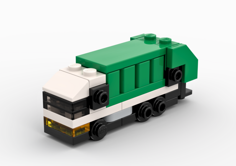 3D rendered image of the LEGO Micro Garbage Truck MOC.